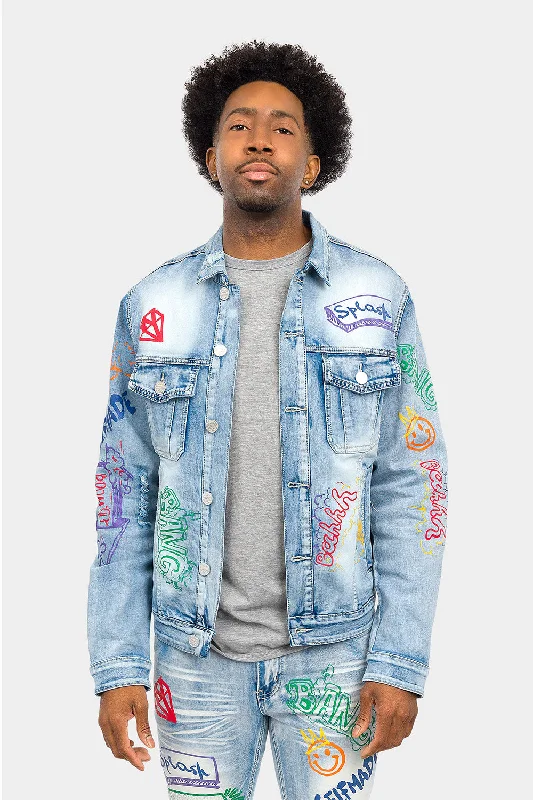 Graffiti Faded Washed Denim Jacket