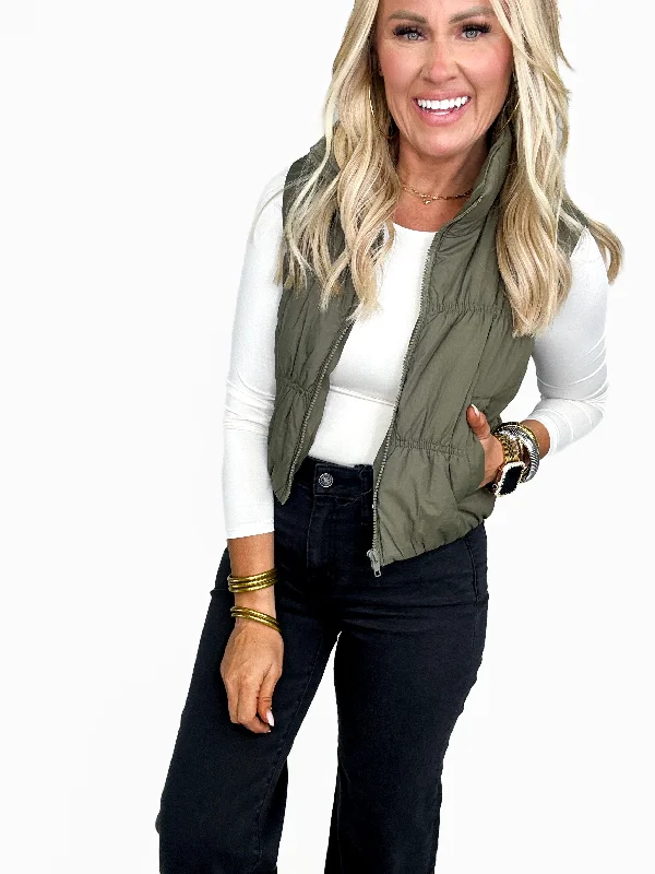 The Ivy Cropped Puffer Vest- Olive