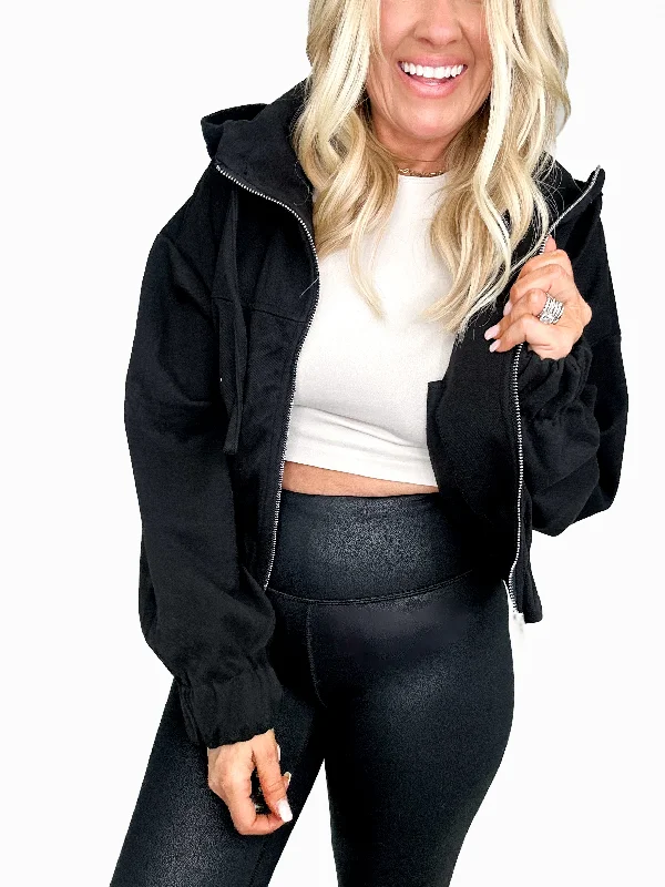 Black Cinched Edge Zip Up Hoodie