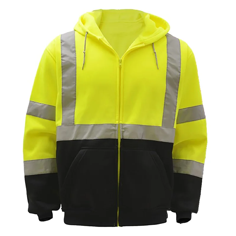 High Vis Class 3 Zipper Front Hooded Sweatshirt with Black Bottom 7003