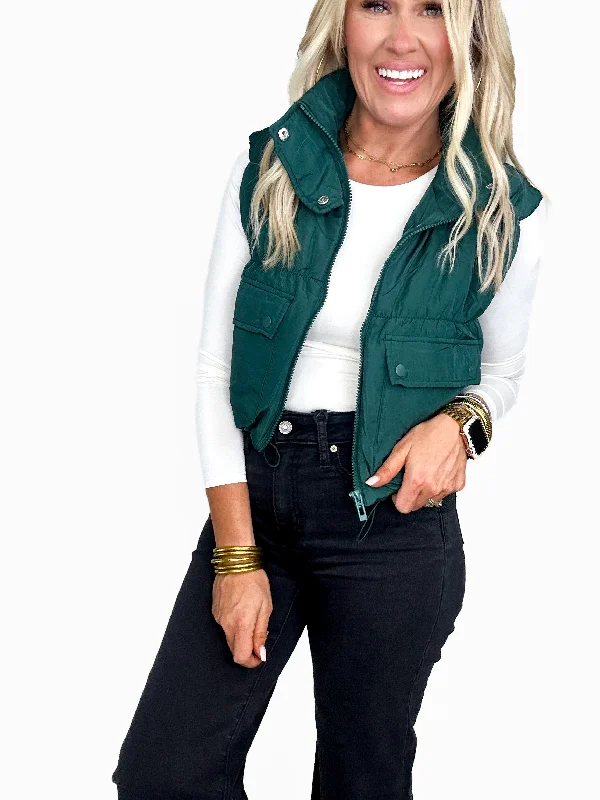 The Riley Cropped Cargo Puffer Vest- Hunter