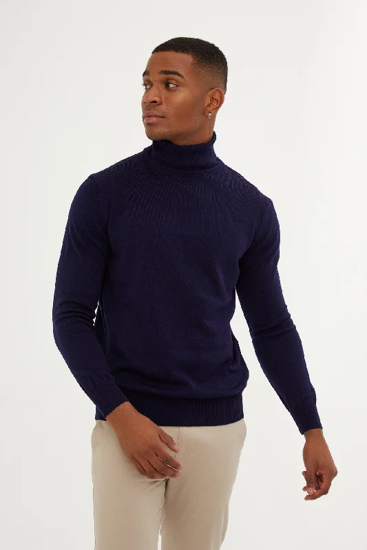 Regular Fit Basic Plain Light Navy Turtleneck Sweater