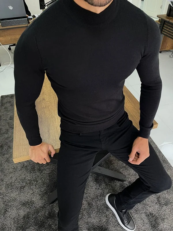 Casani Black Slim Fit Mock Turtleneck Sweater