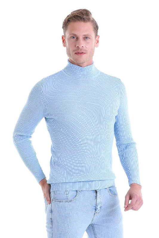 Comfort Fit Wool Blend Blue Turtleneck Sweater