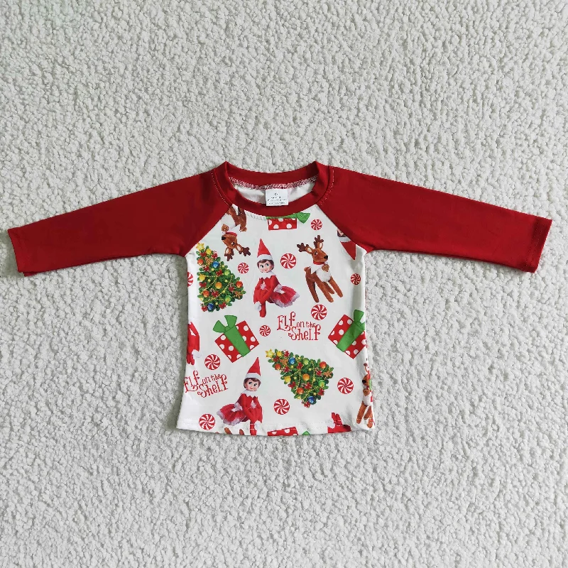 Clearance 6 A12-21 Christmas Red Raglan Cartoon Long Sleeve Top T-shirts