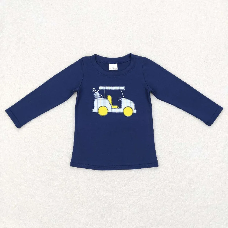 BT0388  Blue Golf Car Embroidery Girls Long Sleeve Top T-shirts