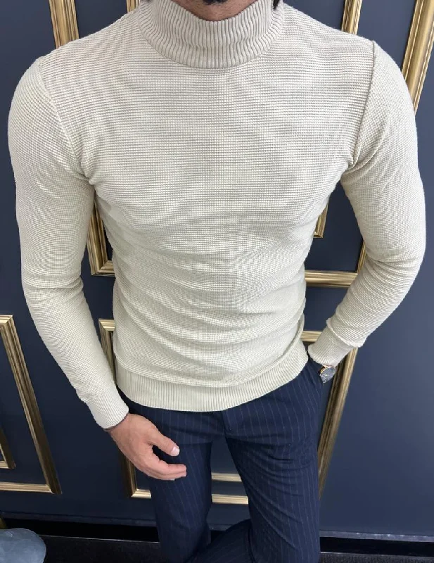 Thread Slim Fit Custom Design Half Collared Beige Turtlneck