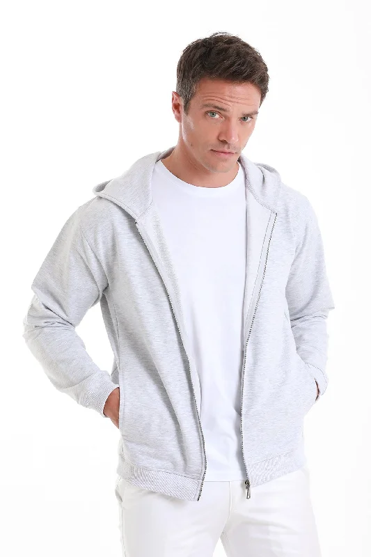 Regular Fit Gray Cotton Blend Zip Up Hooded Sweatshirt