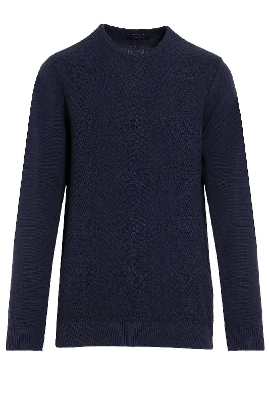 Regular Fit Patterned Cotton Blend Navy Crewneck Sweater, Navy