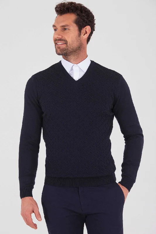 Regular Fit Plain Cotton Blend Khaki V-Neck Sweater, Navy