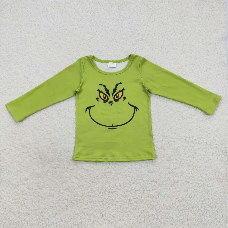 BT0256 Christmas Green Red Cartoon Boys Long Sleeve Top T-shirts