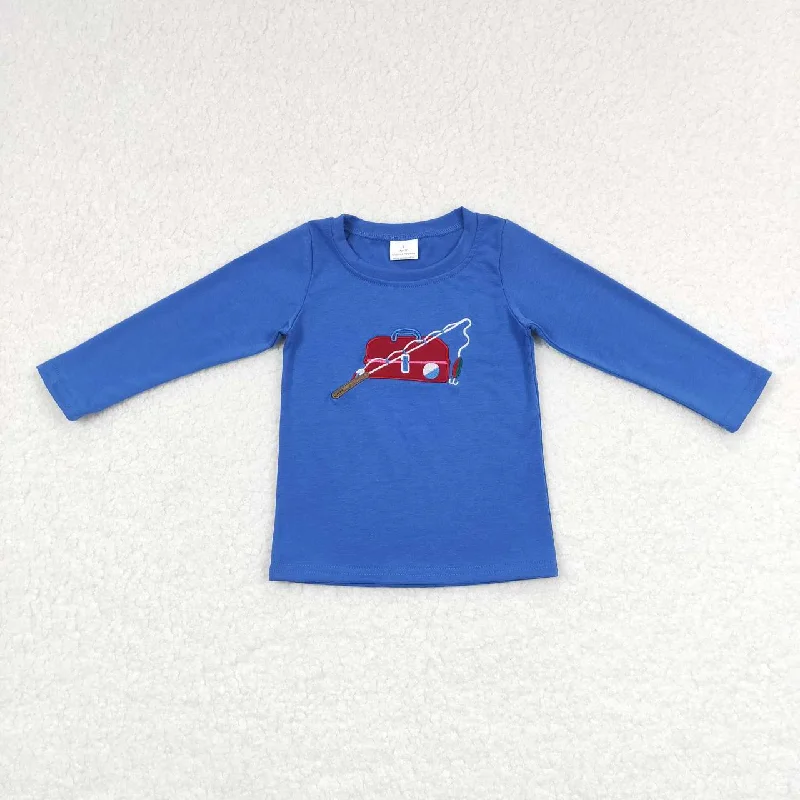 BT0364 Blue Red Fish Embroidery  Boys Long Sleeve Top T-shirts