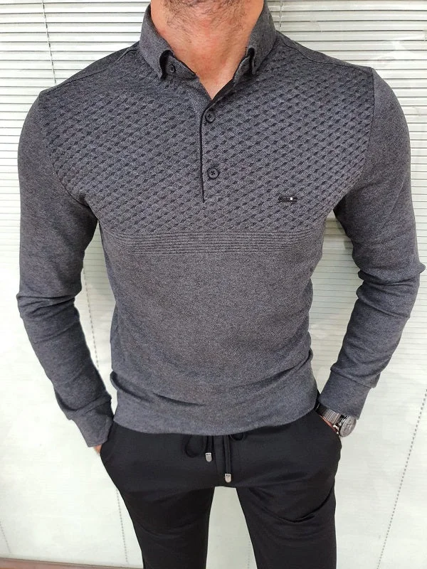 Verno Dark Gray Slim Fit Long Sleeve Polo Shirt