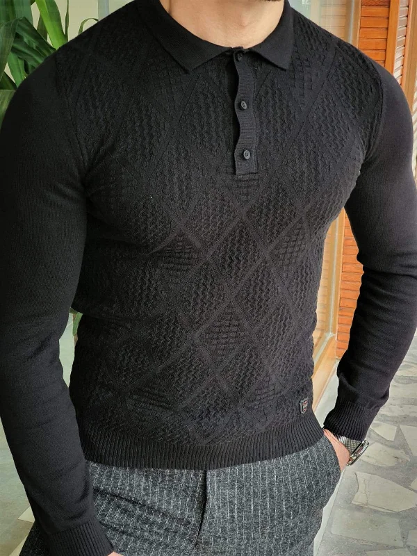 Elko Black Slim Fit Collar Sweater