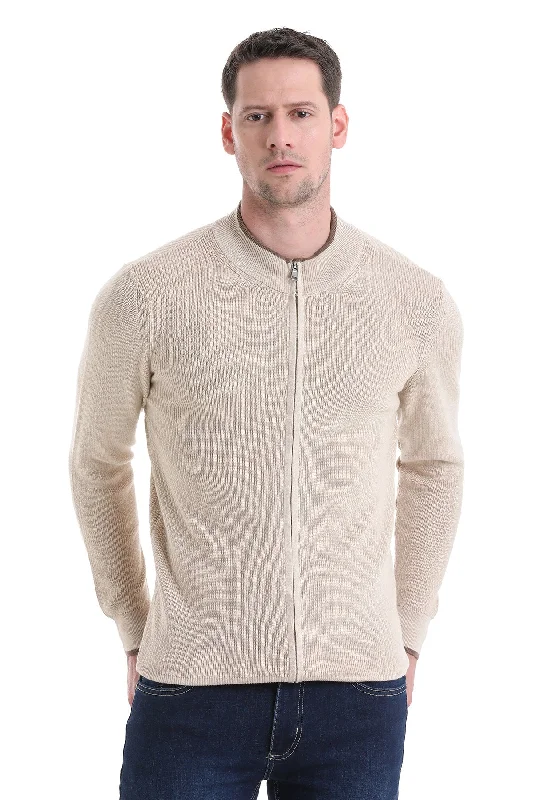 Regular Fit Beige Cotton Blend Mock Neck Cardigan