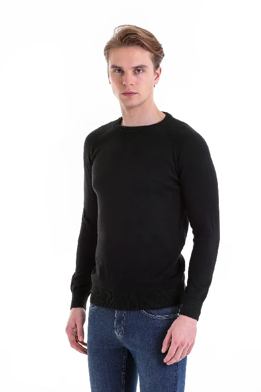 Slim Fit Black Cotton Blend Crewneck Sweater