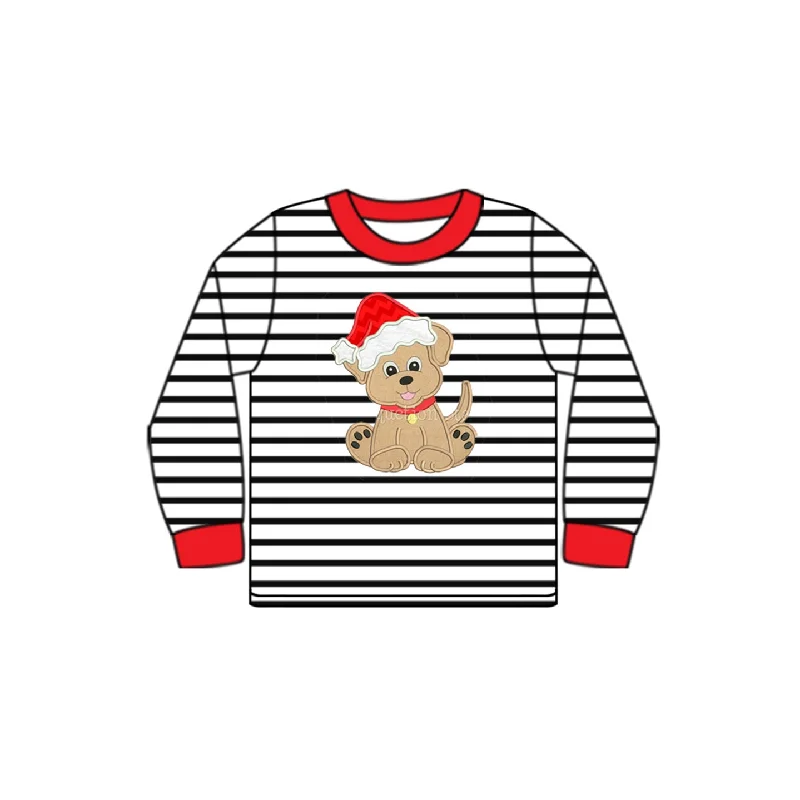 Preorder BT0819 NO MOQ Santa Hat Puppy striped long sleeve top