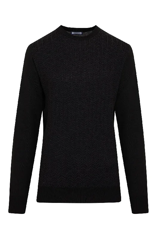 Regular Fit Black - Gray Wool Blend Crewneck Sweater