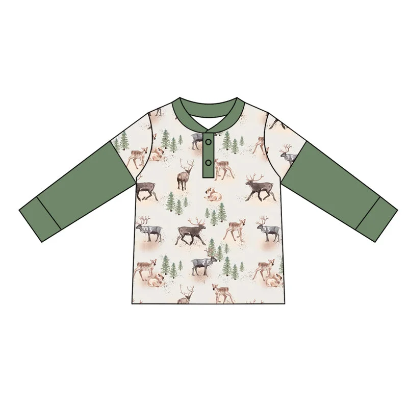 Preorder BT0917 Elk animal green patchwork long sleeve top