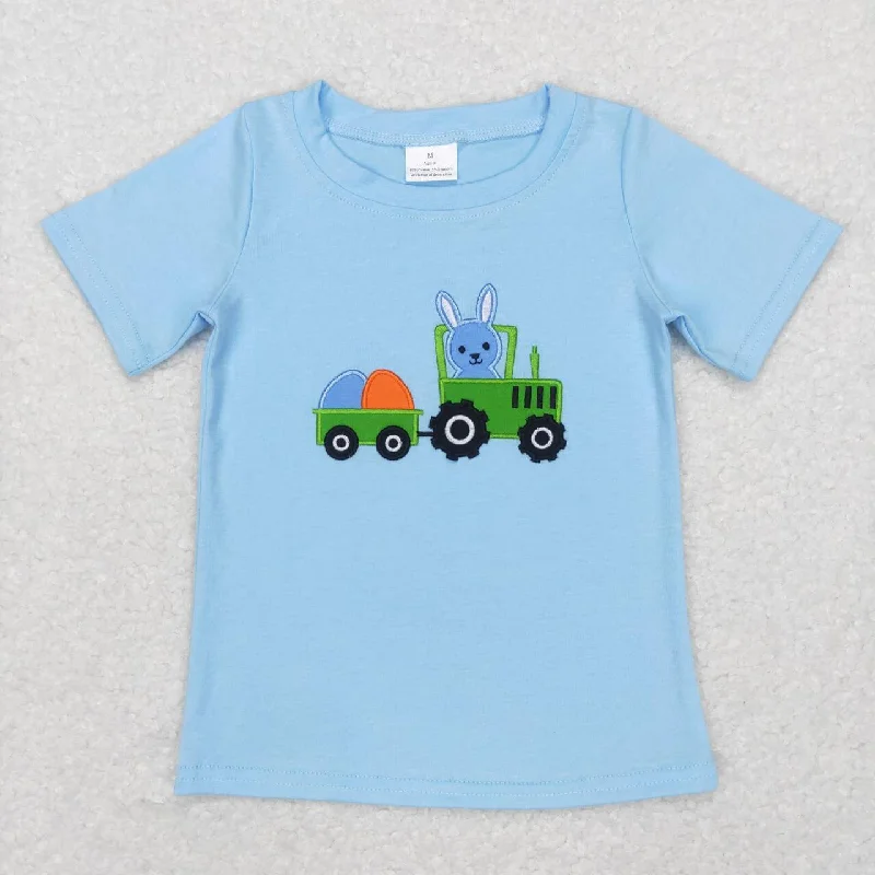 BT0426  Easter Rabbit blue  Embroidery Boys Long Sleeve Top T-shirts