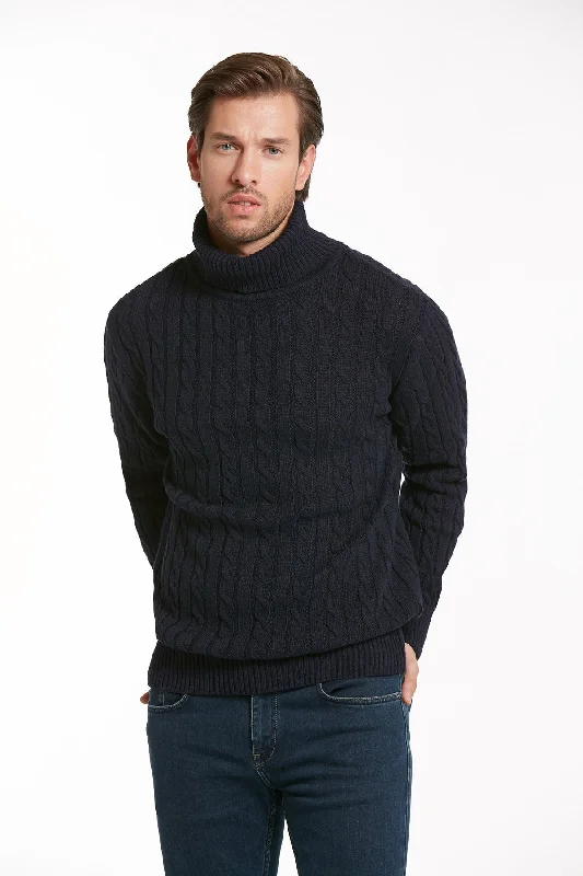 Regular Fit Navy Wool Blend Turtleneck Sweater