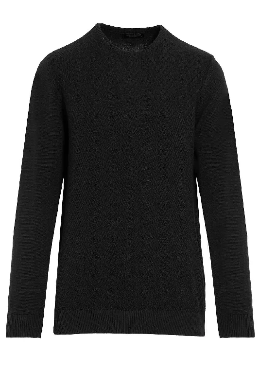 Regular Fit Patterned Cotton Blend Navy Crewneck Sweater, Black