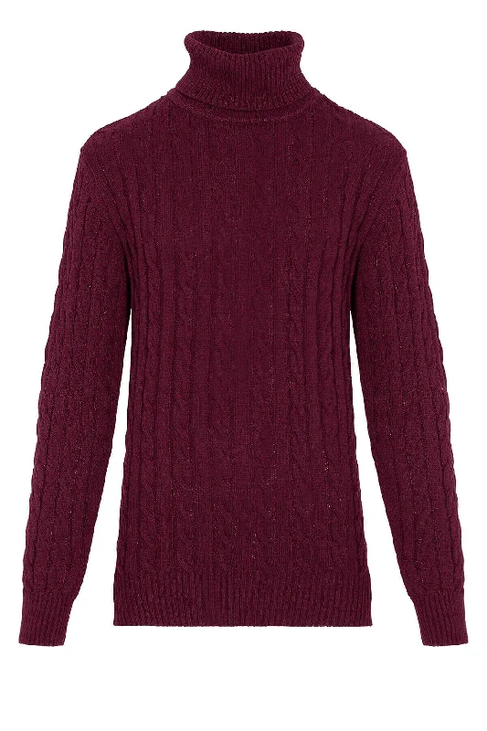 Regular Fit Patterned Wool Blend Burgundy Turtleneck Sweater, Burgundy