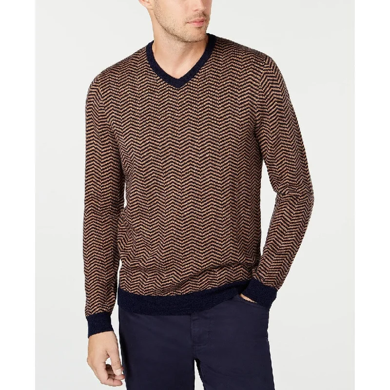 Tasso Elba Men's Merino Wool Blend Herringbone Sweater Beige Size XL - X-Large