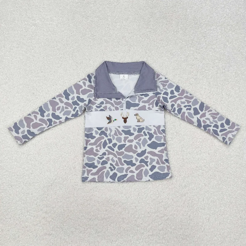 BT0904  Boys boutique stand-up zipper long sleeve top embroidery puppy hunting deer  202412RTS