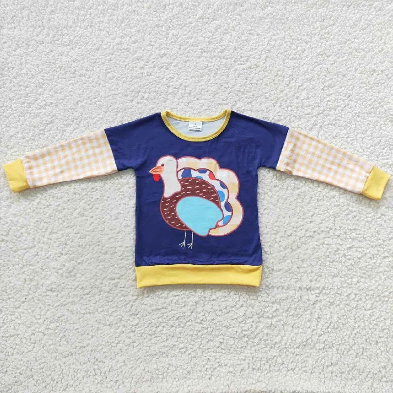 BT0244 Thanksgiving Turkey Blue0 Boys Long Sleeve Top T-shirts