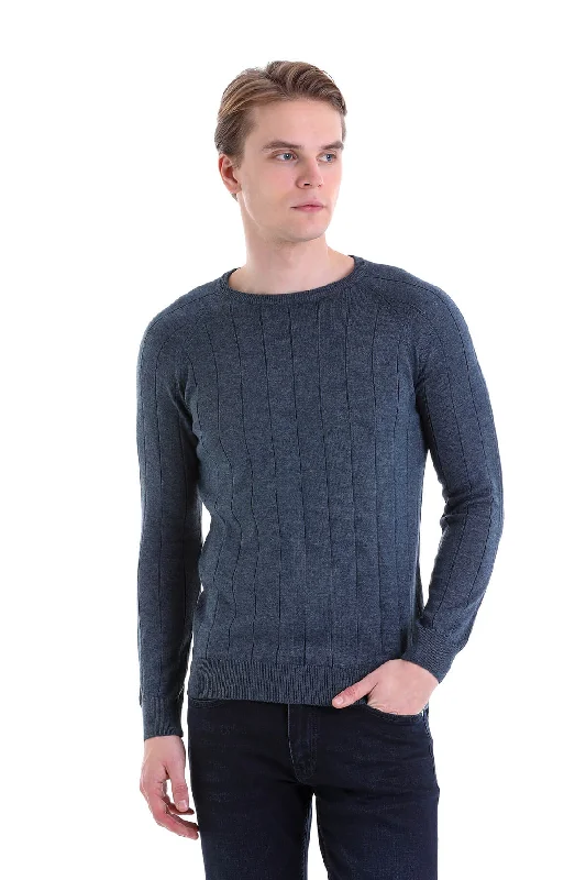 Regular Fit Indigo Cotton Blend Crewneck Sweater