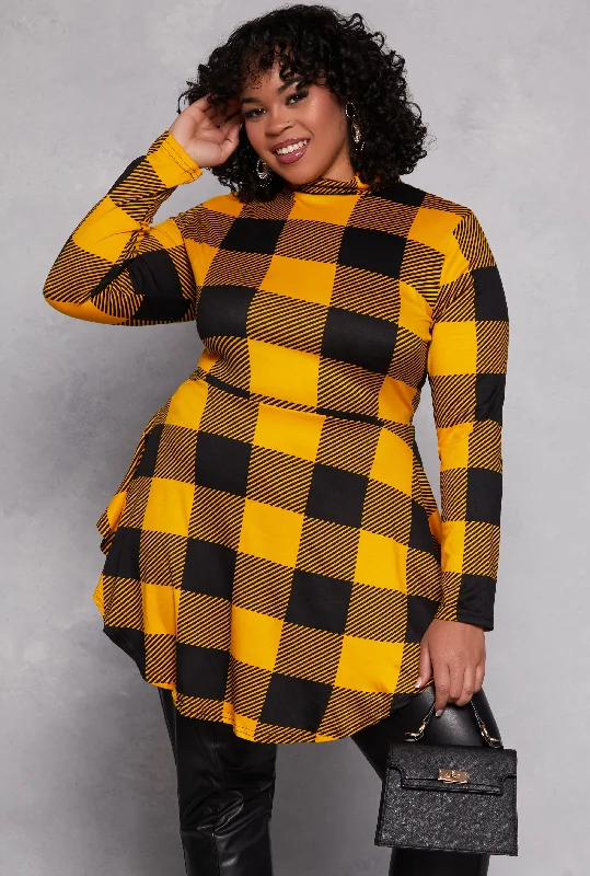 Plus Size Buffalo Plaid Mock Neck Peplum Top