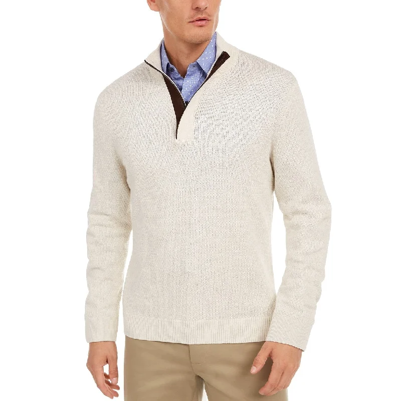 Tasso Elba Men's Supima Cotton Textured 1/4-Zip Sweater Beige Size Small