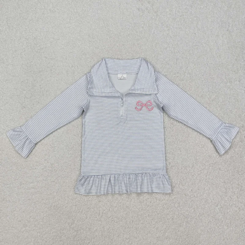 GSSO1724 Blue Striped Stand-Up Ruffle long sleeve top with embroidery bow outfit Baby girl Boutique outfit   RTS 202412