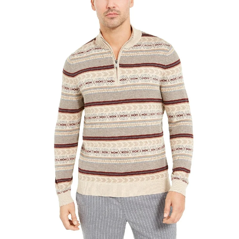 Tasso Elba Men's Striped Quarter-Zip Sweater Beigekhaki Size Medium