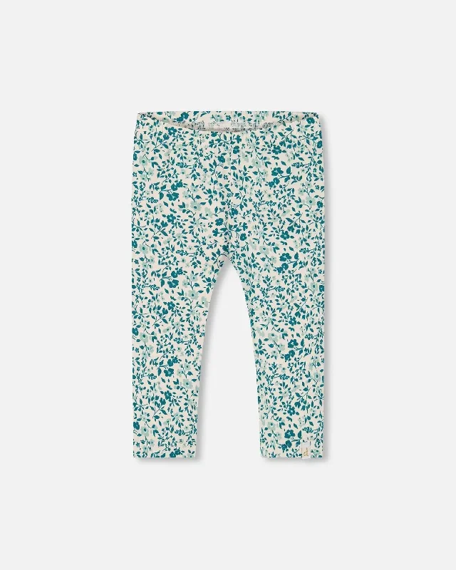 Printed Organic Cotton Legging Small Turquoise Flowers