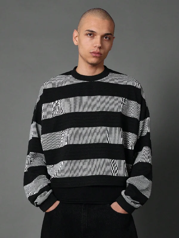 Effortless Dressing Crop Fit Textured Stripes Crew Neck Sweatshirt