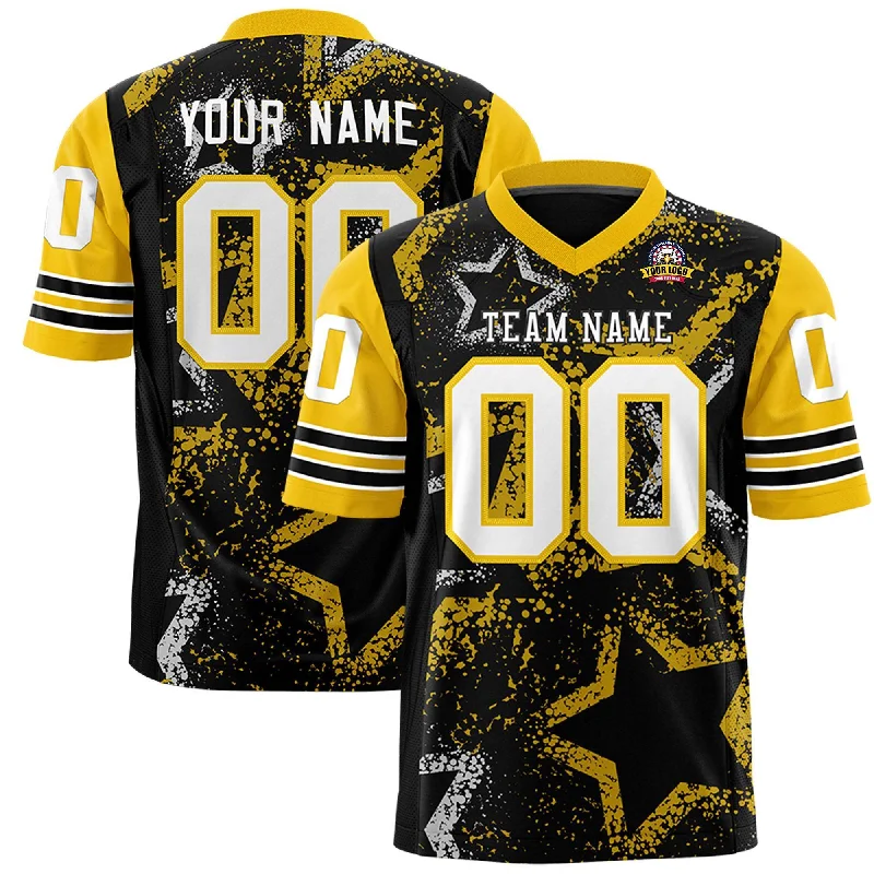 Custom Black Gold-White Personalized Star Pattern Design Authentic Football Jersey