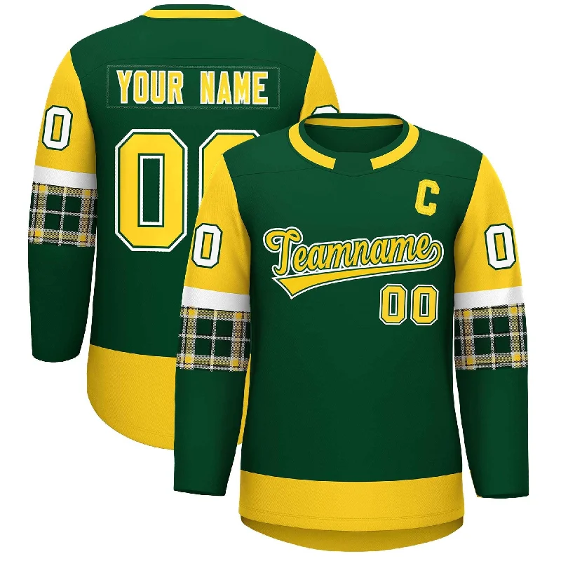 Custom Green Gold Personalized Raglan Sleeves Round-Neck Hockey Jersey