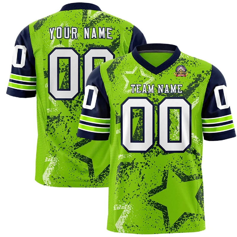 Custom Navy Neon Green-White Personalized Star Pattern Design Authentic Football Jersey