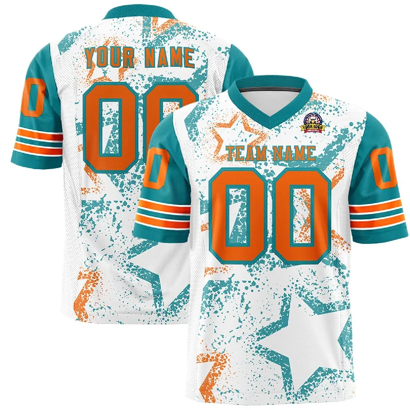 Custom White Aqua-Orange Personalized Star Pattern Design Authentic Football Jersey