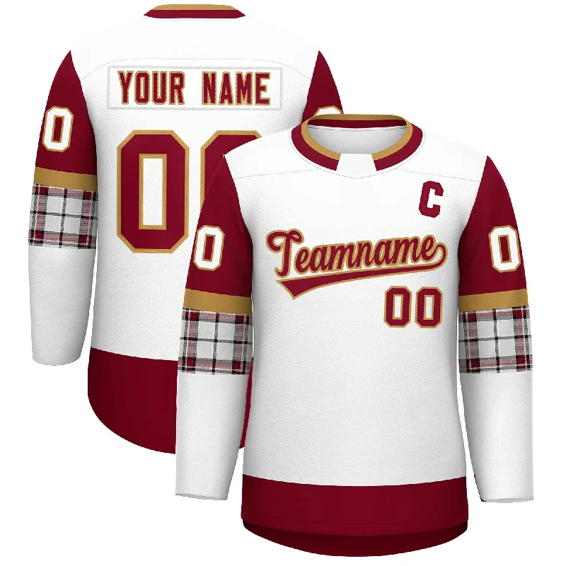 Custom White Crimson Personalized Raglan Sleeves Round-Neck Hockey Jersey