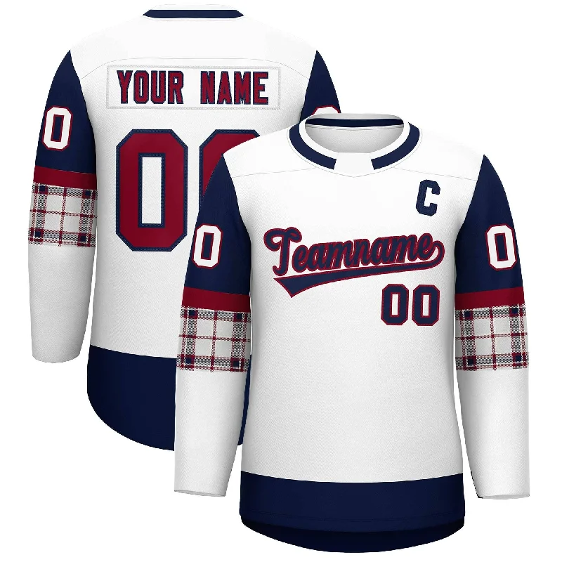 Custom White Navy Personalized Raglan Sleeves Round-Neck Hockey Jersey