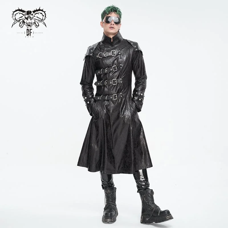 Men's Punk Stand Collar Multi-buckle Faux Leather Coat Black