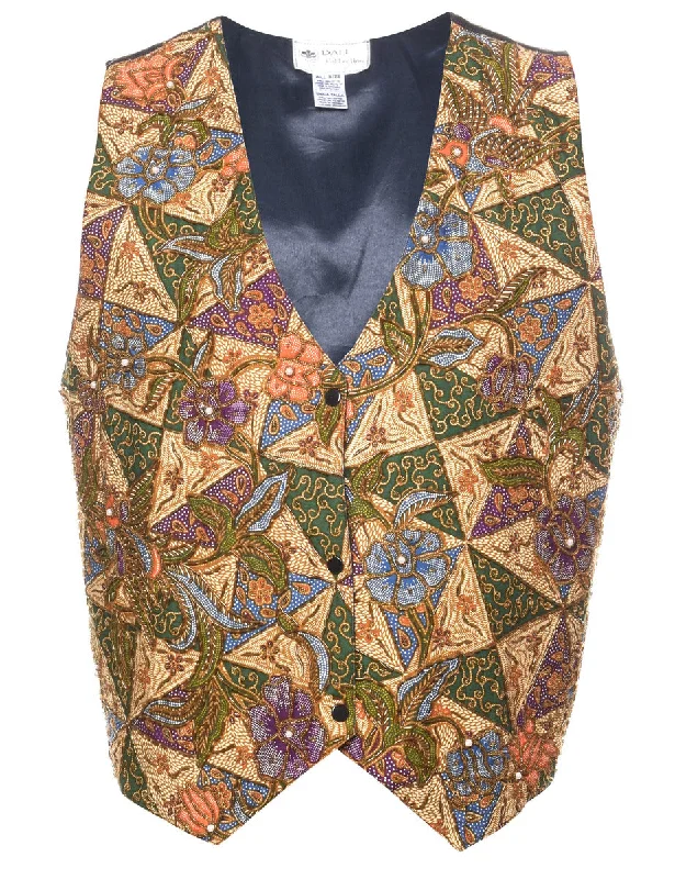 Floral Print Multi-Colour Beaded Waistcoat - L