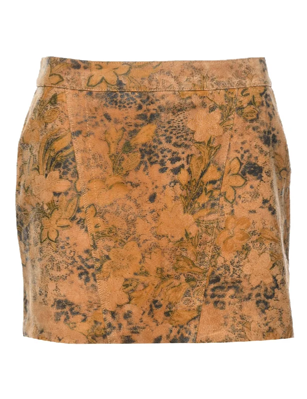 Floral Print Suede Mini Skirt - L