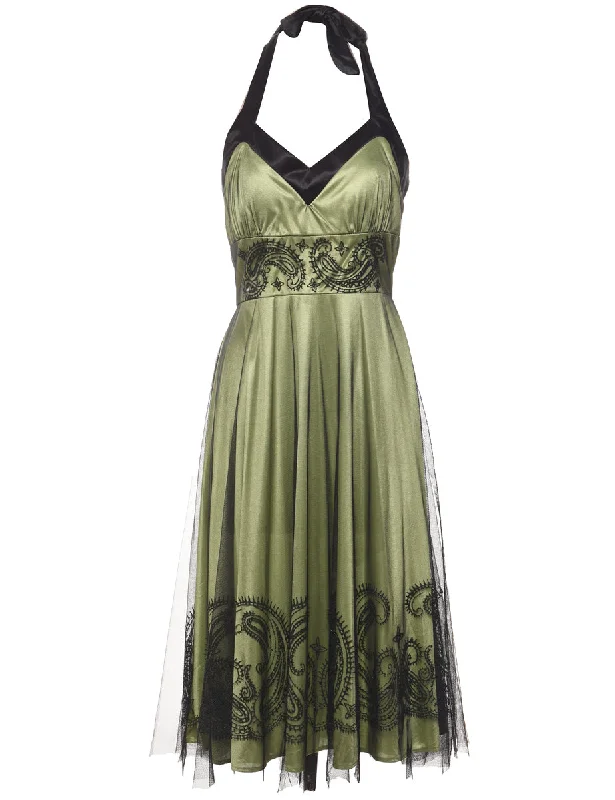 Green & Black Y2K Lace Halterneck Evening Dress - M